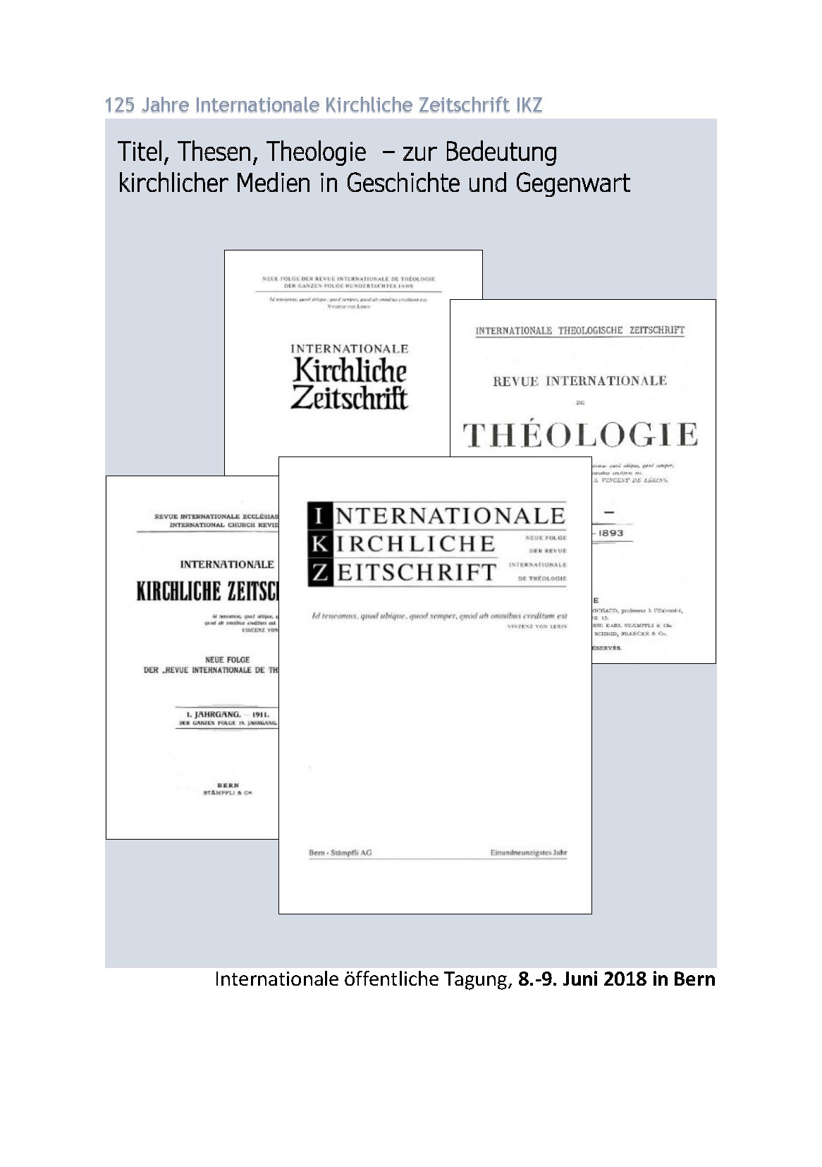 Flyer der Tagung "125 Jahre Internationale Kirchliche Zeiteschrift" mit Cover-Beispielen der IKZ